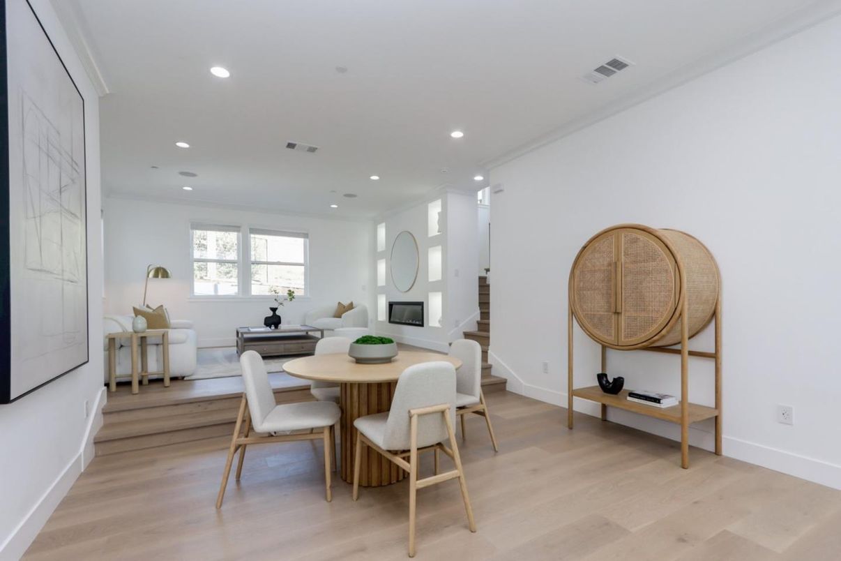 Dining room, Interior, Living room, Recessed Lighting, Wood Texture Flooring