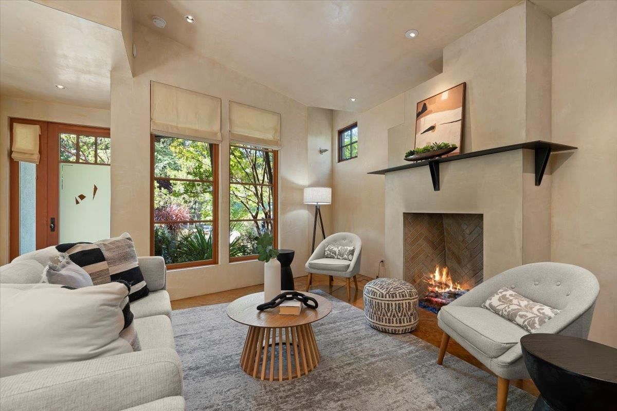Fireplace, Interior, Living room, Recessed Lighting, Wood Texture Flooring