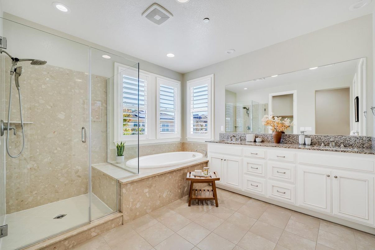 Bathroom, Dual Sink Vanities, Glass Shower, Interior, Recessed Lighting