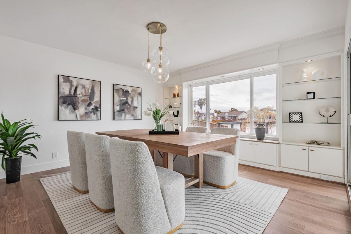 Dining room, Interior, Pendant Lights, Wood Texture Flooring