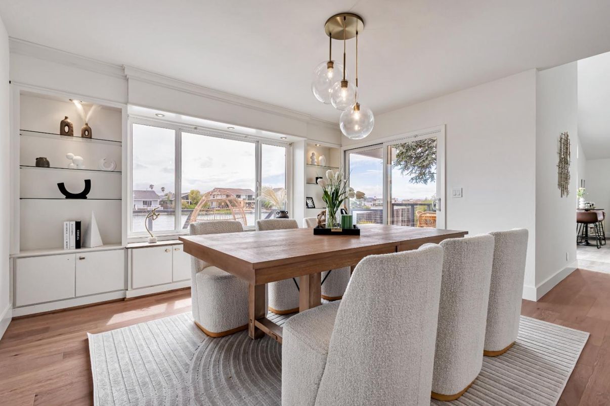 Dining room, Interior, Pendant Lights, Wood Texture Flooring