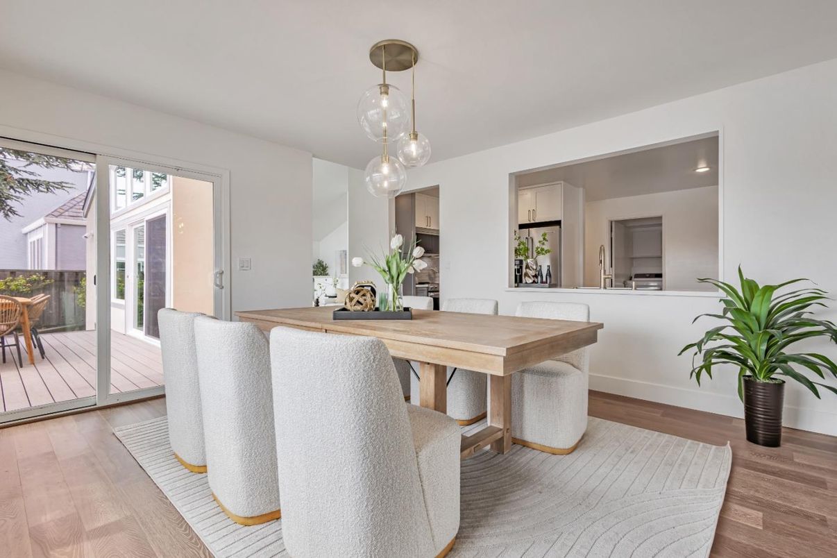 Dining room, Interior, Pendant Lights, Wood Texture Flooring
