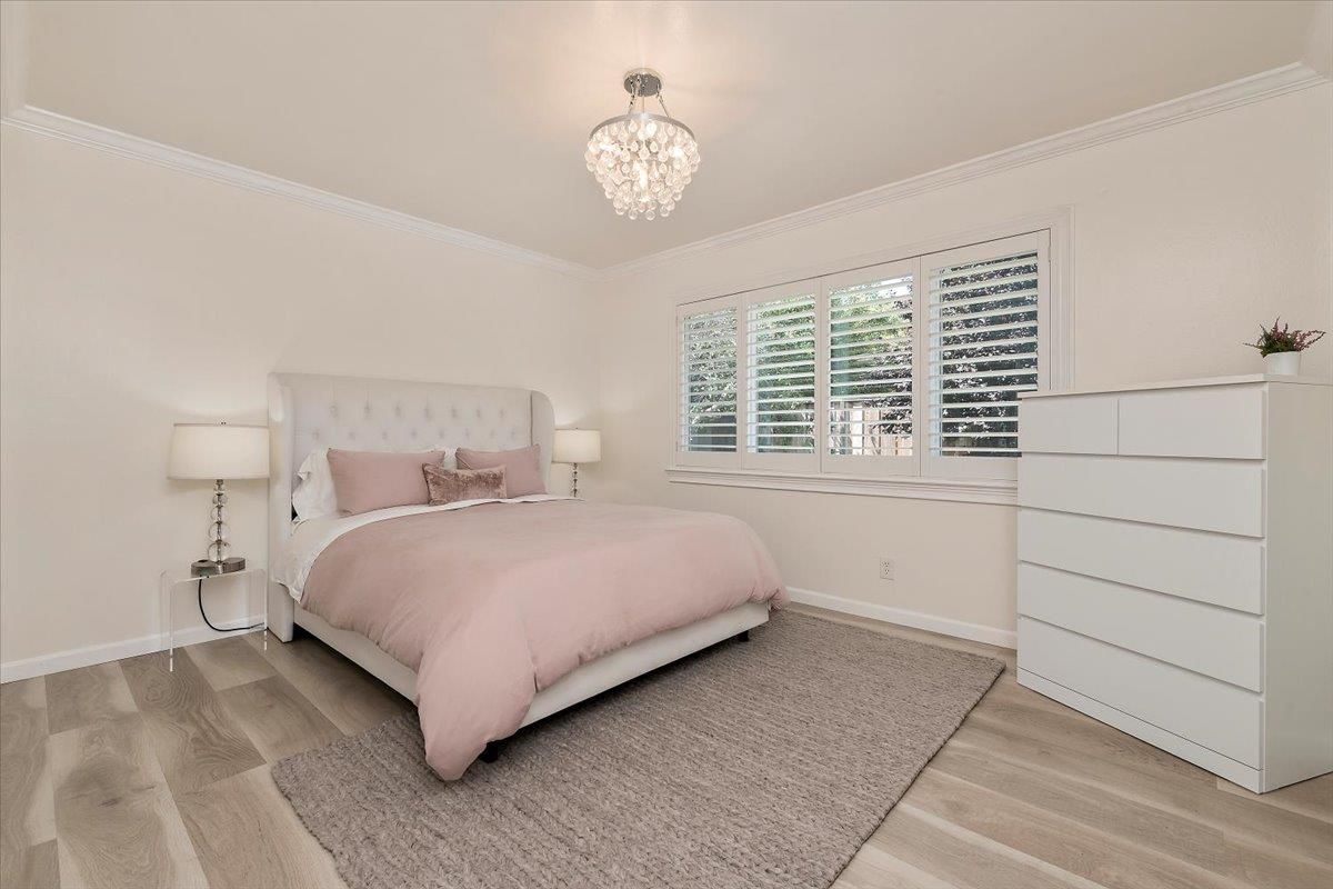 Bedroom, Chandelier, Interior, Wood Texture Flooring