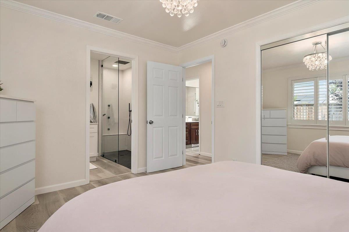 Bathroom, Bedroom, Chandelier, Glass Shower, Interior, Wood Texture Flooring