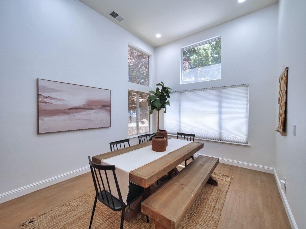 Dining room, Interior, Recessed Lighting, Wood Texture Flooring