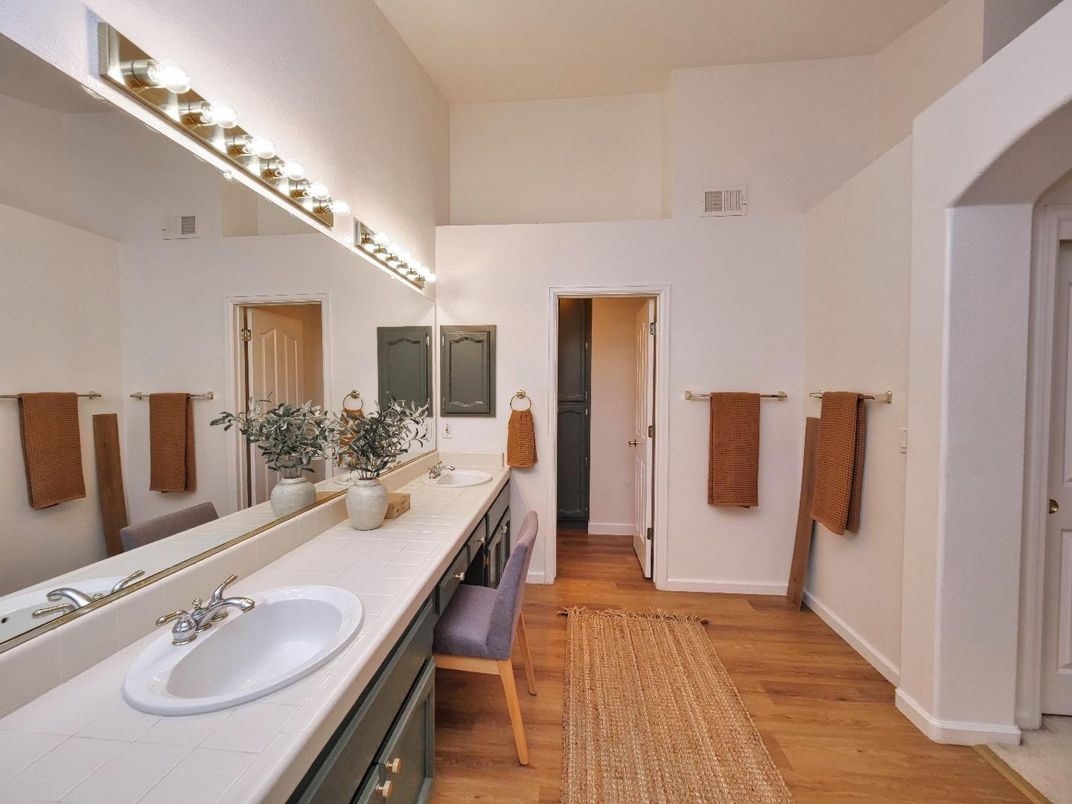 Bathroom, Dual Sink Vanities, Interior, Tile Countertops, Wood Texture Flooring