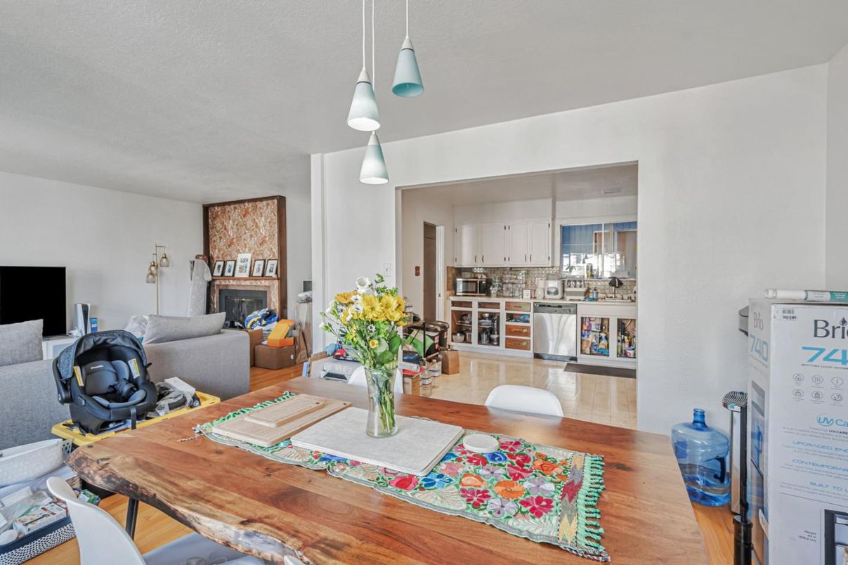 Dining room, Fireplace, Interior, Kitchen, Living room, Pendant Lights, Wood Texture Flooring