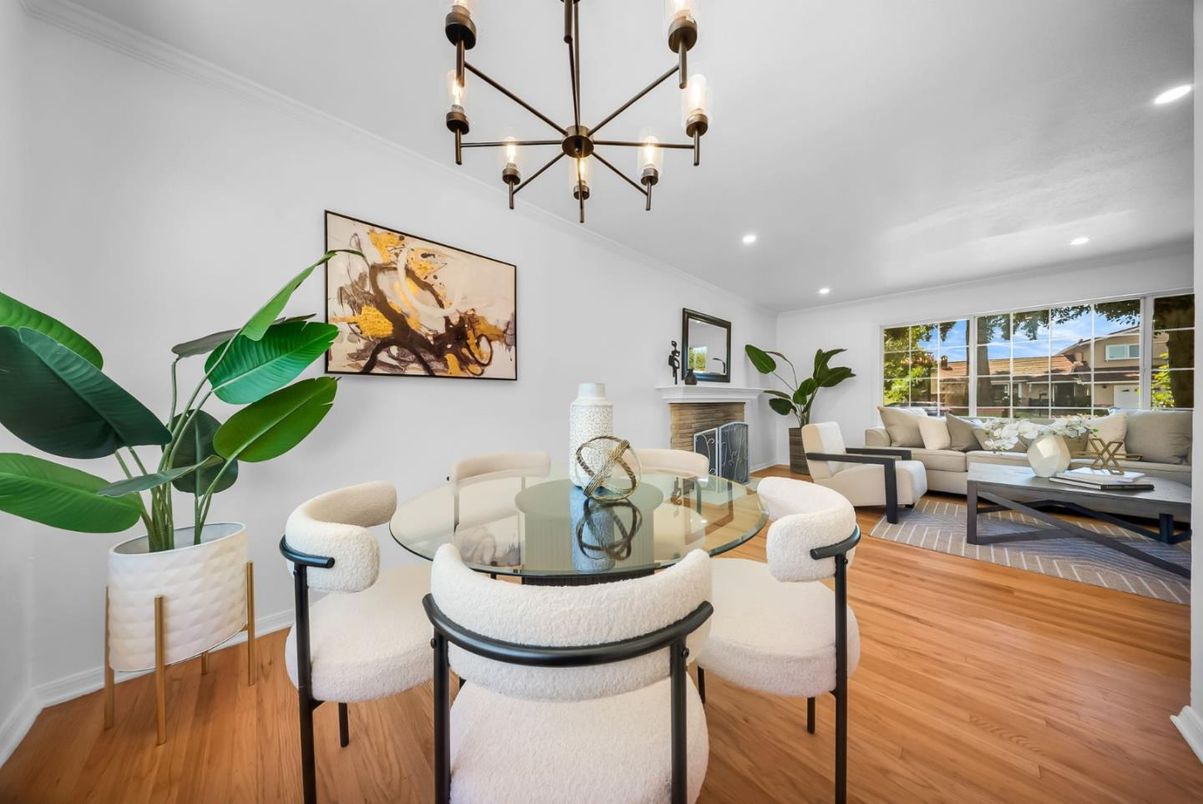 Dining room, Fireplace, Interior, Living room, Pendant Lights, Recessed Lighting, Wood Texture Flooring