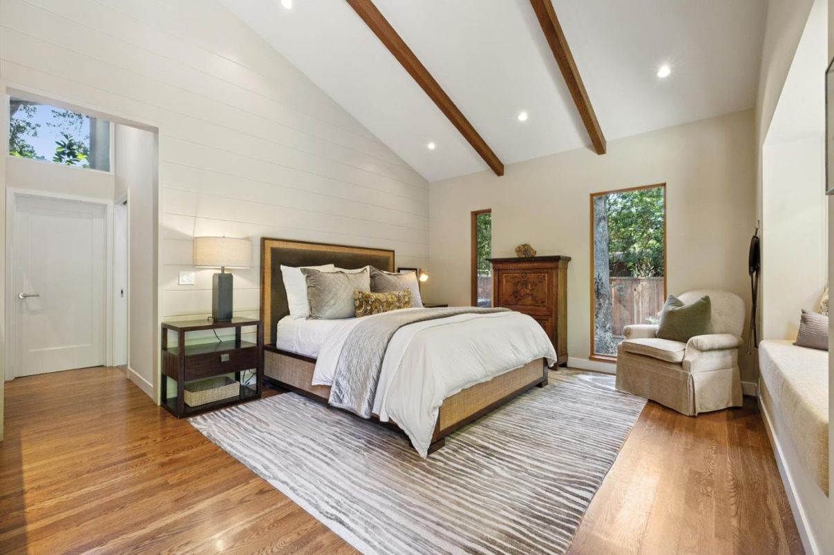 Bedroom, Interior, Recessed Lighting, Wooden Beams, Wood Texture Flooring