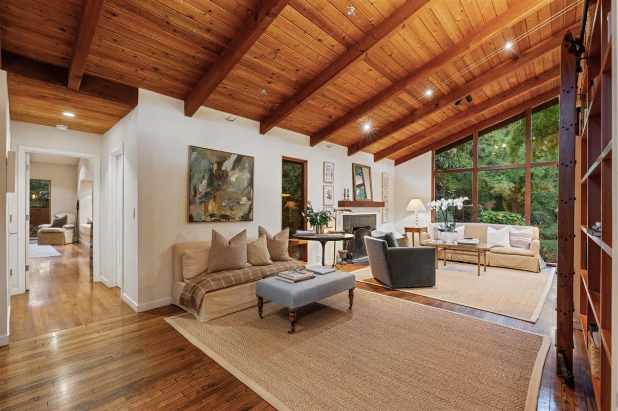 Fireplace, Interior, Living room, Recessed Lighting, Wooden Beams, Wooden Ceilings, Wood Texture Flooring