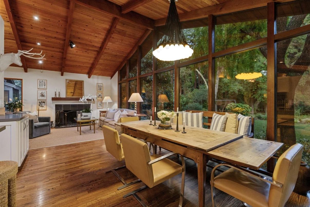 Dining room, Fireplace, Interior, Living room, Pendant Lights, Recessed Lighting, Wooden Beams, Wooden Ceilings, Wood Texture Flooring