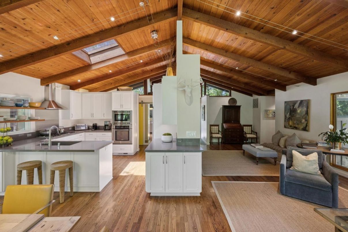 Interior, Kitchen, Living room, Recessed Lighting, Stainless Steel Appliances, Wooden Beams, Wooden Ceilings, Wood Texture Flooring