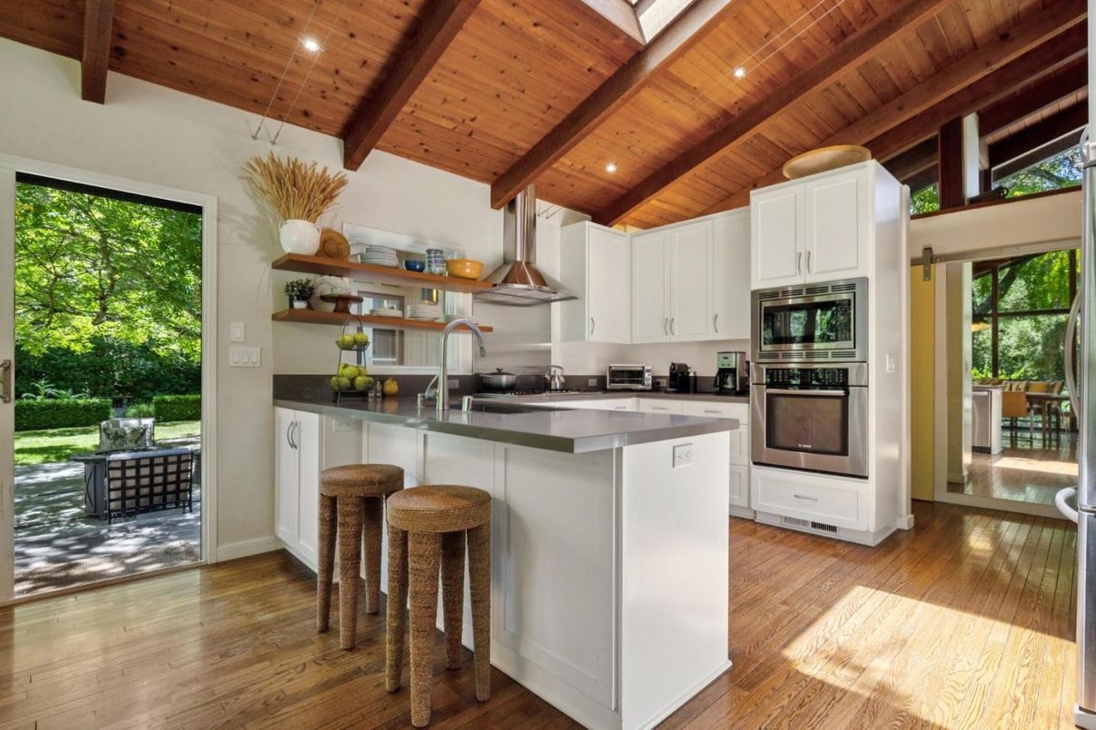 Interior, Kitchen, Recessed Lighting, Stainless Steel Appliances, Wooden Beams, Wooden Ceilings, Wood Texture Flooring