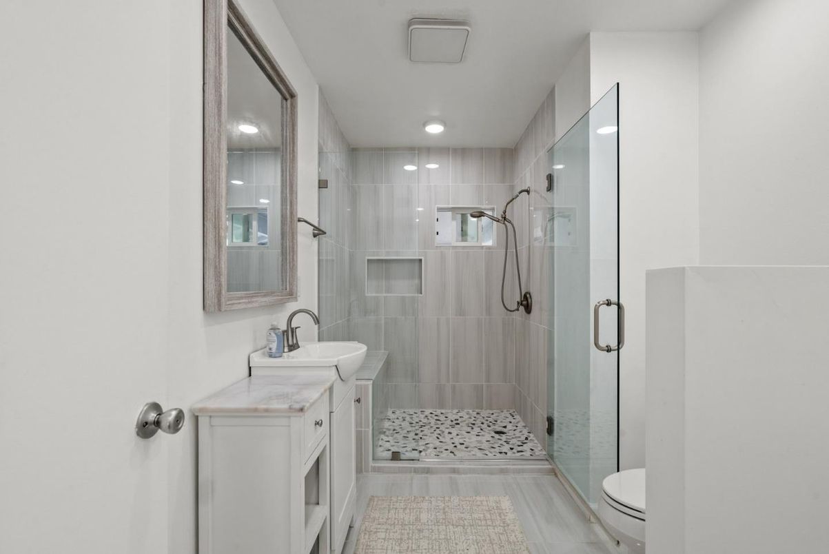 Bathroom, Glass Shower, Interior, Recessed Lighting, Wood Texture Flooring