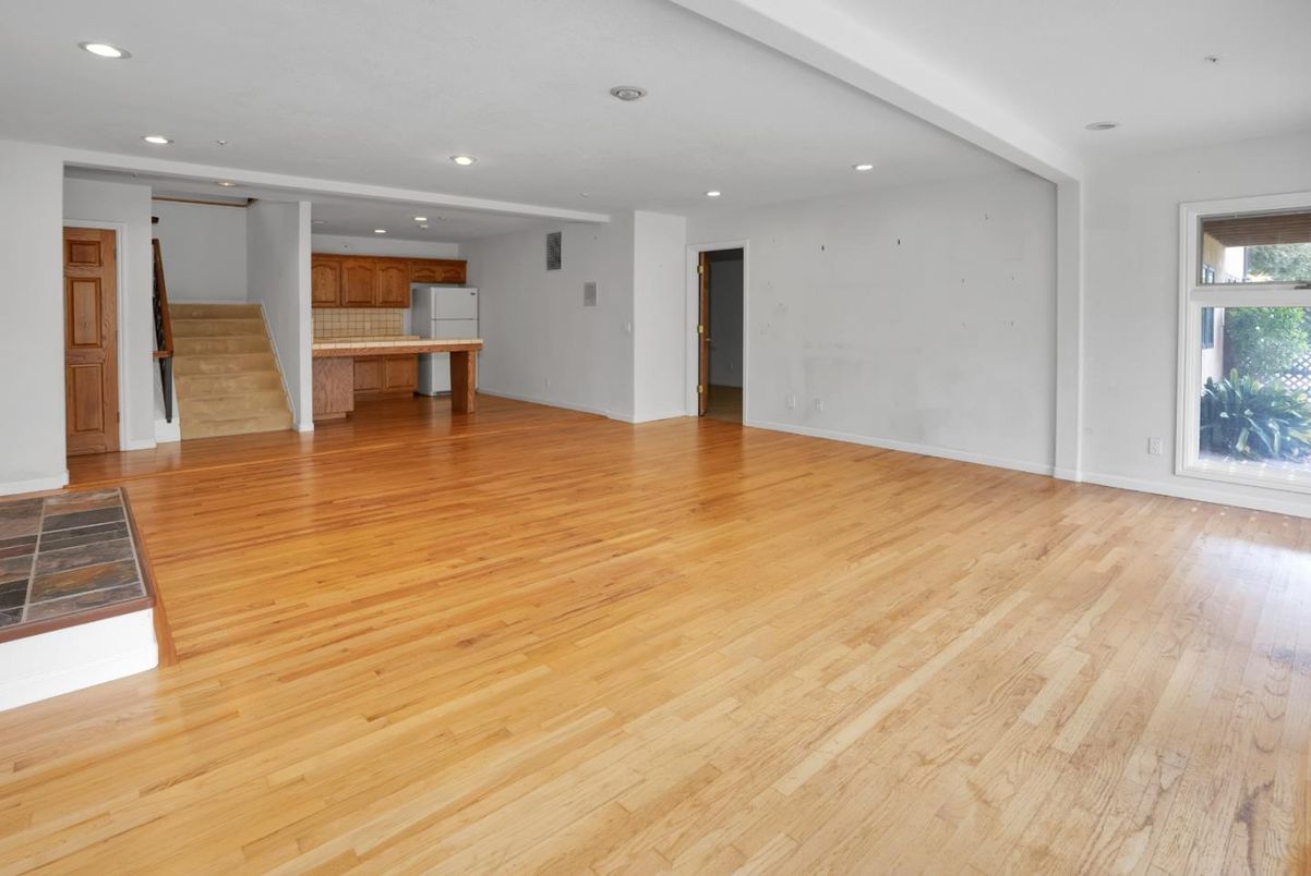Empty room, Interior, Kitchen, Recessed Lighting, Wood Texture Flooring