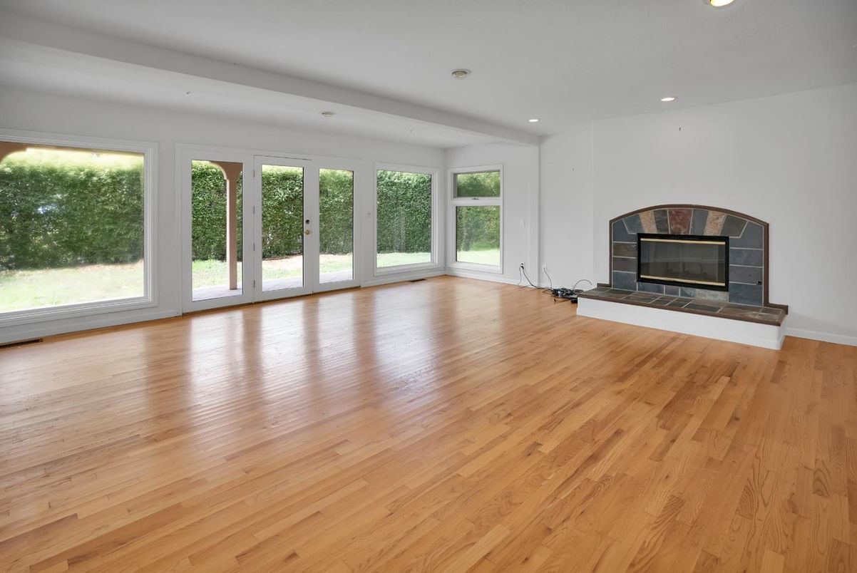 Empty room, Fireplace, Interior, Recessed Lighting, Wood Texture Flooring