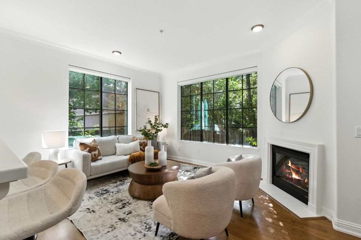 Fireplace, Interior, Living room, Recessed Lighting, Wood Texture Flooring