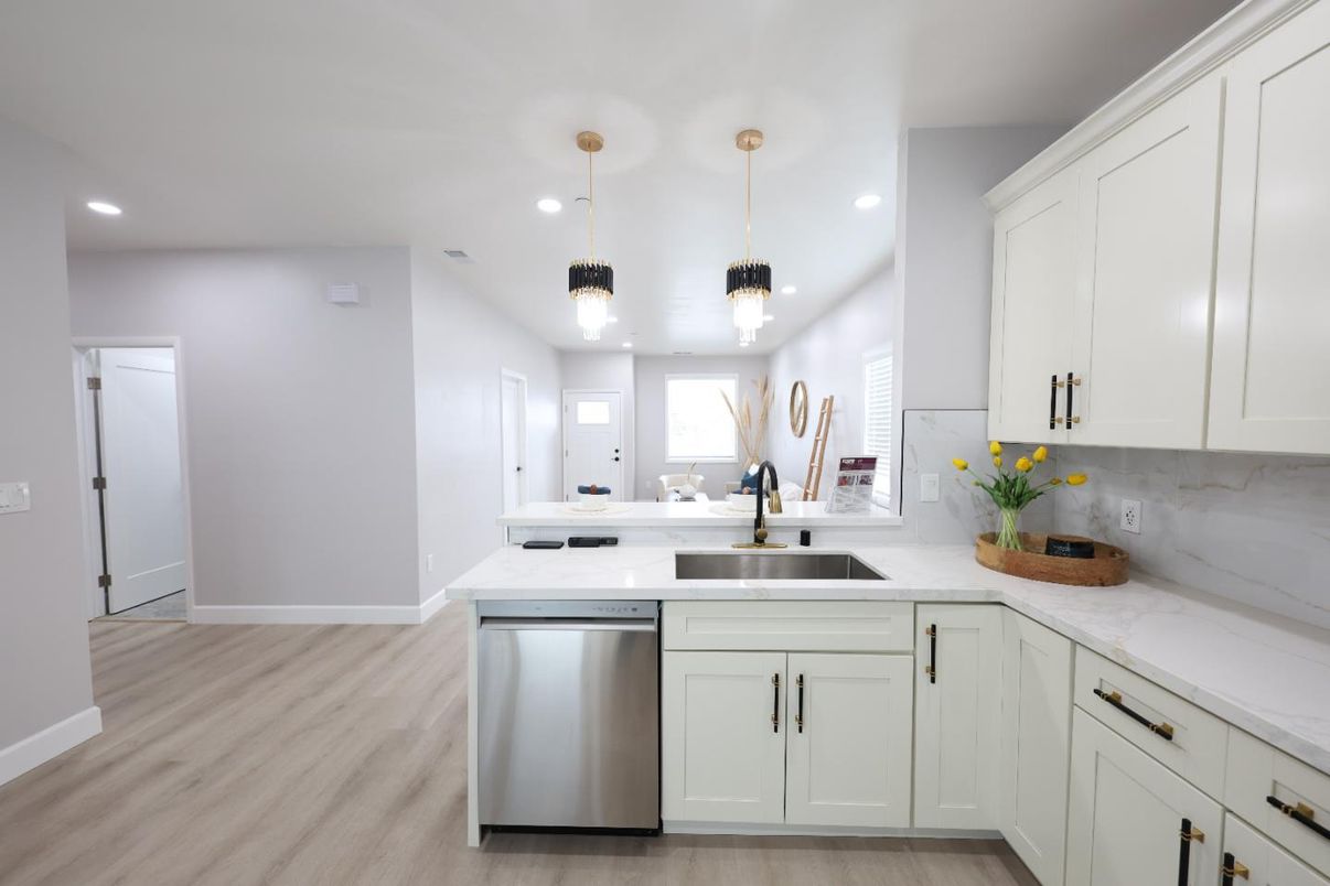 Interior, Kitchen, Pendant Lights, Recessed Lighting, Stainless Steel Appliances, Wood Texture Flooring