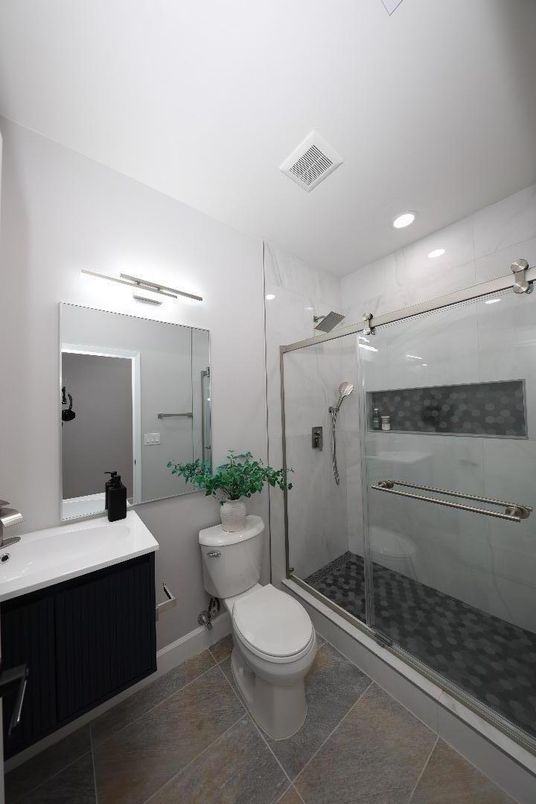 Bathroom, Glass Shower, Interior, Marble Walls, Recessed Lighting