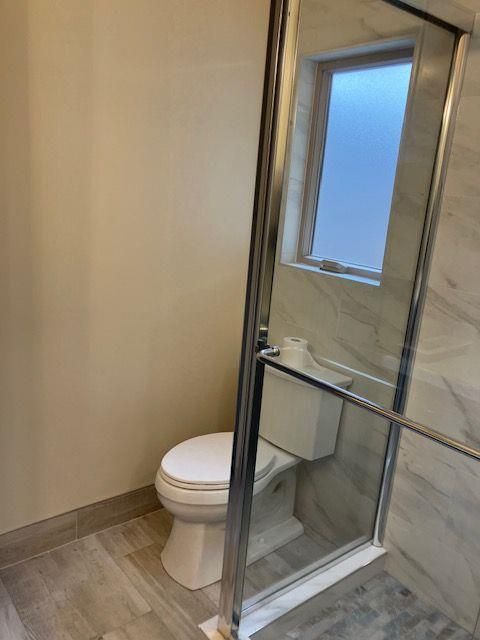 Bathroom, Glass Shower, Interior, Wood Texture Flooring
