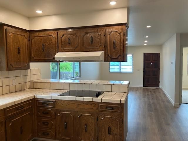 Interior, Kitchen, Recessed Lighting, Tile Countertops, Wood Texture Flooring