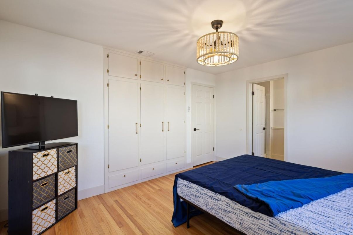 Bedroom, Chandelier, Interior, Wood Texture Flooring