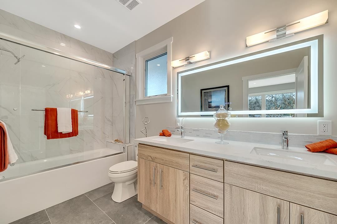 Bathroom, Dual Sink Vanities, Glass Shower, Interior, Marble Walls, Recessed Lighting
