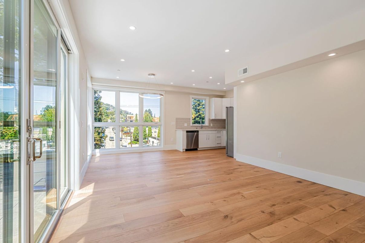 Empty room, Interior, Kitchen, Pendant Lights, Recessed Lighting, Wood Texture Flooring