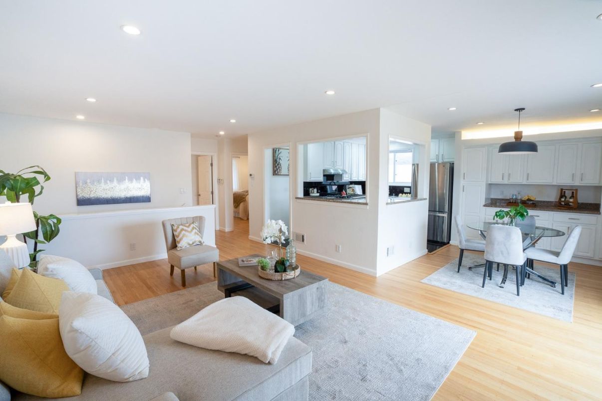 Dining room, Interior, Kitchen, Living room, Recessed Lighting, Stainless Steel Appliances, Wood Texture Flooring