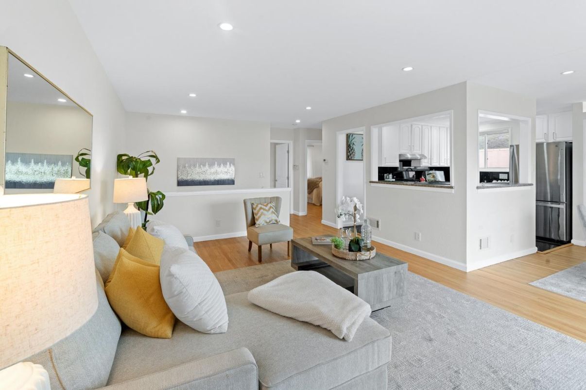 Interior, Kitchen, Living room, Recessed Lighting, Stainless Steel Appliances, Wood Texture Flooring