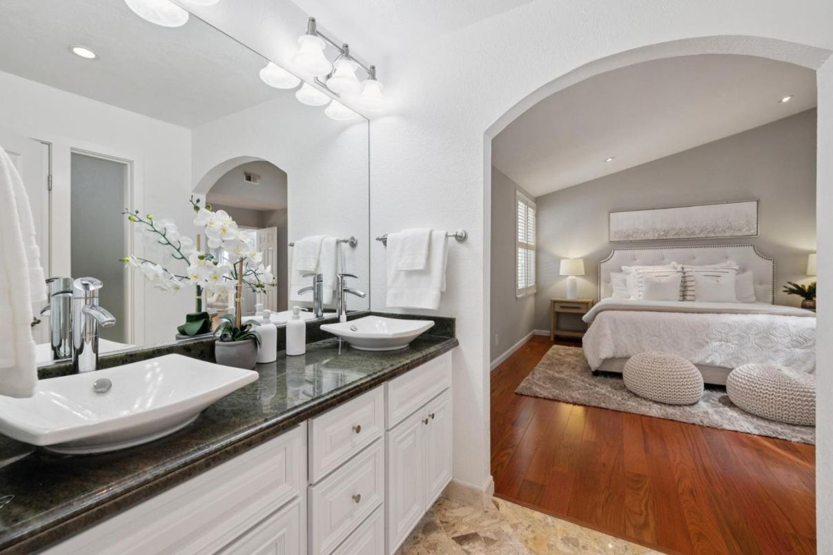 Bathroom, Bedroom, Dual Sink Vanities, Interior, Recessed Lighting, Wood Texture Flooring