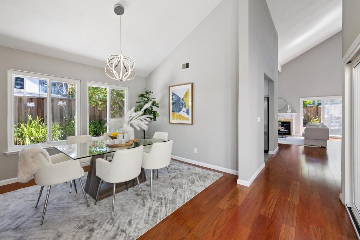 Dining room, Fireplace, Interior, Pendant Lights, Wood Texture Flooring