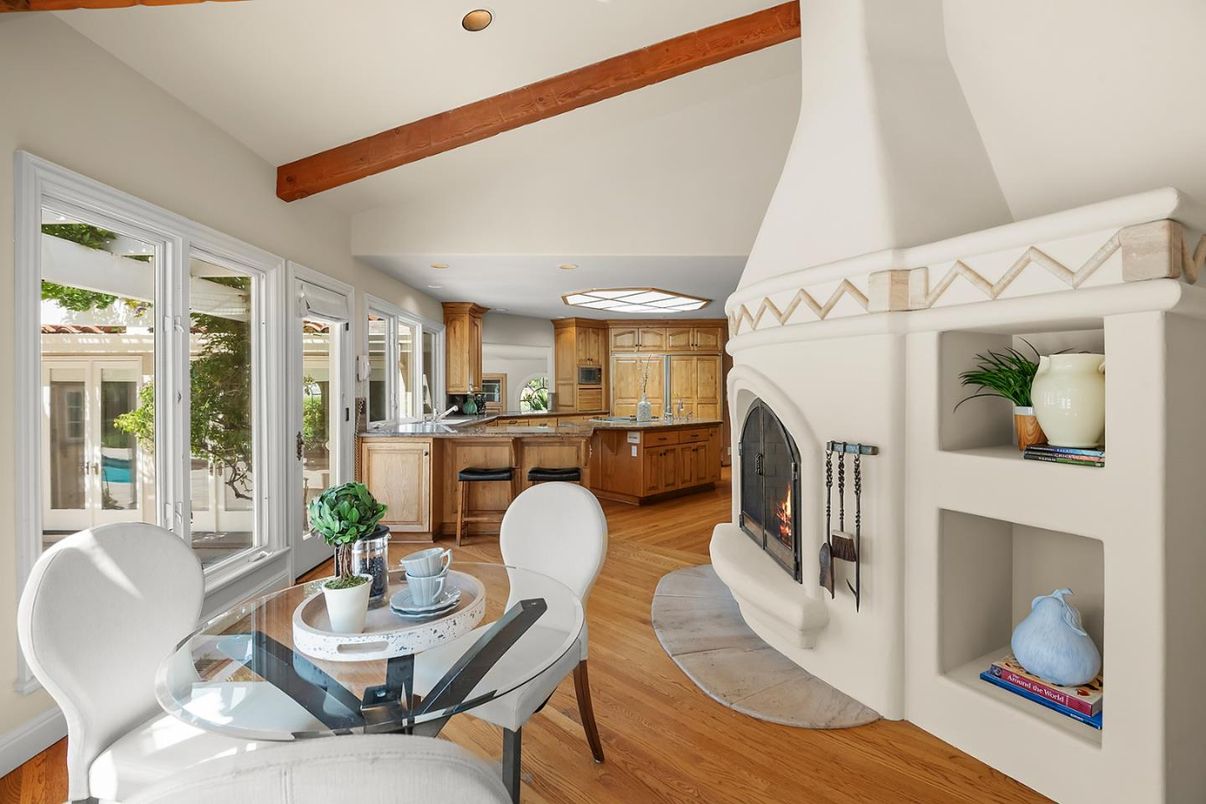 Dining room, Fireplace, Interior, Kitchen, Recessed Lighting, Wooden Beams, Wood Texture Flooring