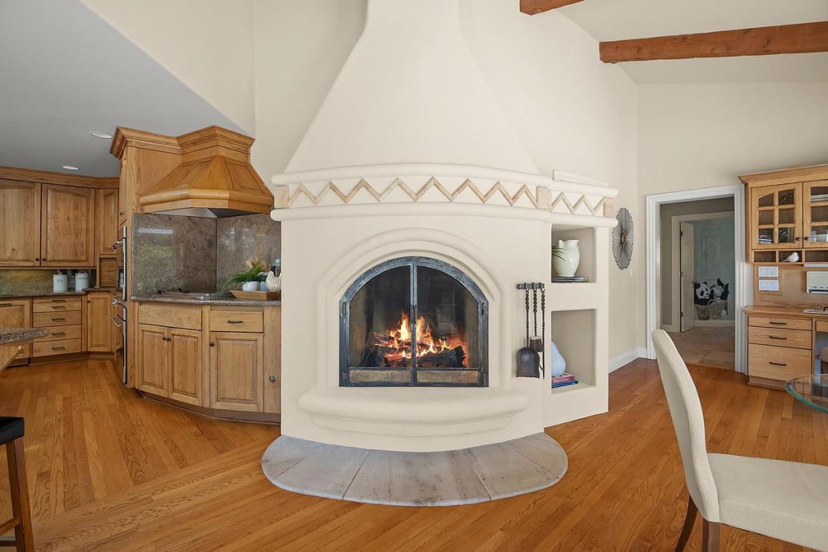 Fireplace, Interior, Kitchen, Recessed Lighting, Wooden Beams, Wood Texture Flooring