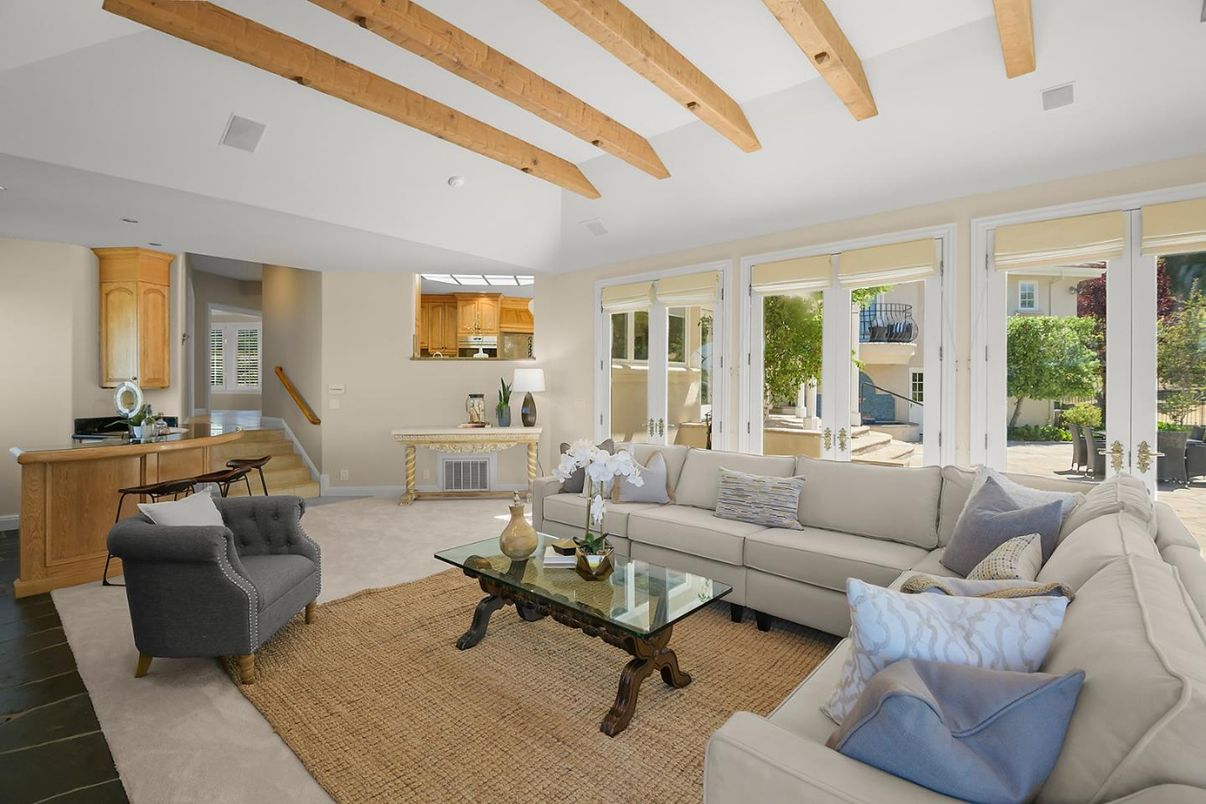 Fireplace, Interior, Living room, Recessed Lighting, Wooden Beams
