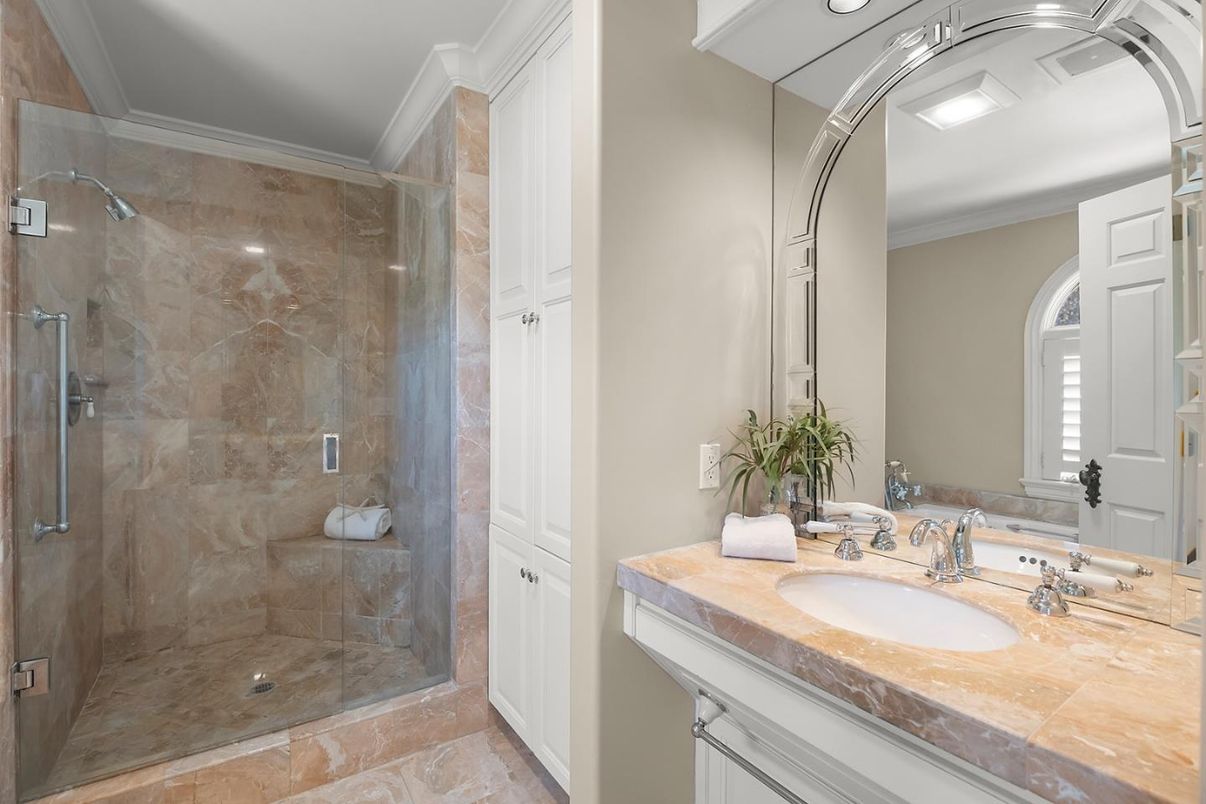 Bathroom, Glass Shower, Interior, Recessed Lighting, Tile Countertops