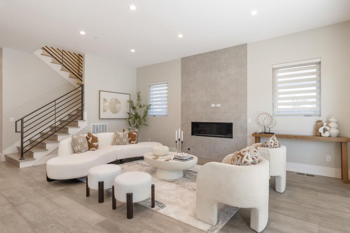 Fireplace, Interior, Living room, Recessed Lighting, Wood Texture Flooring