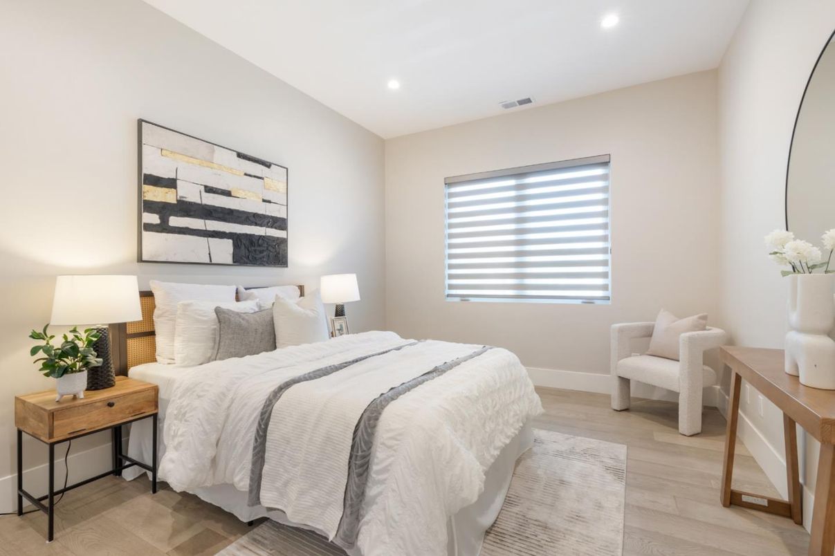 Bedroom, Interior, Recessed Lighting, Wood Texture Flooring