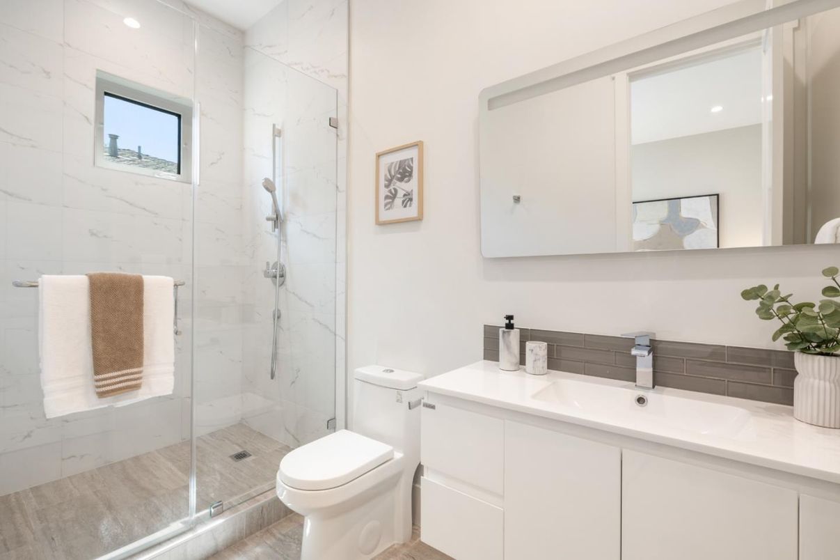 Bathroom, Glass Shower, Interior, Marble Walls, Recessed Lighting