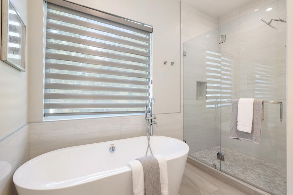 Bathroom, Free Standing Baths, Glass Shower, Interior, Recessed Lighting