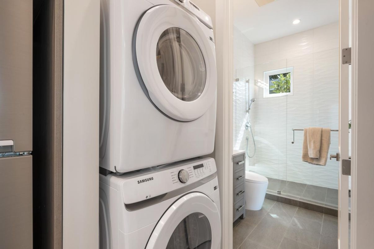 Bathroom, Glass Shower, Interior, Recessed Lighting, Utility Closets, Washer