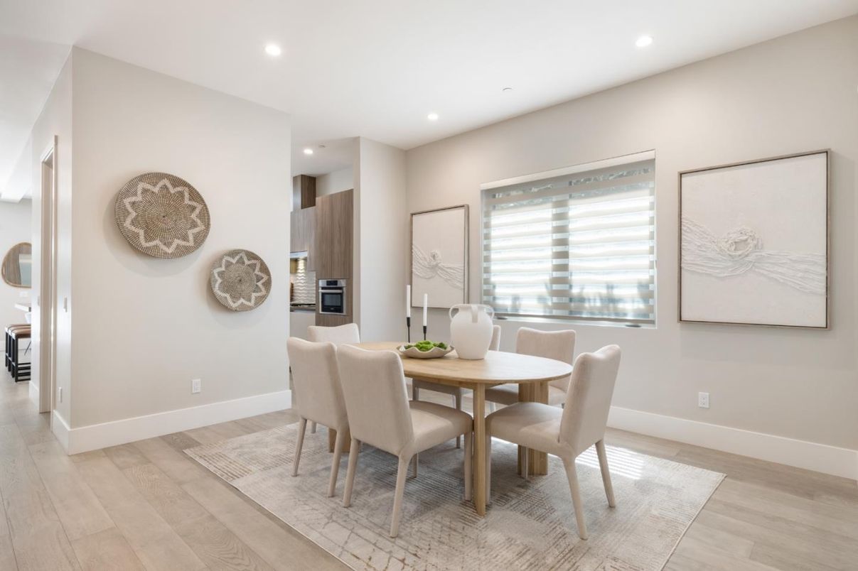 Dining room, Interior, Recessed Lighting, Wood Texture Flooring