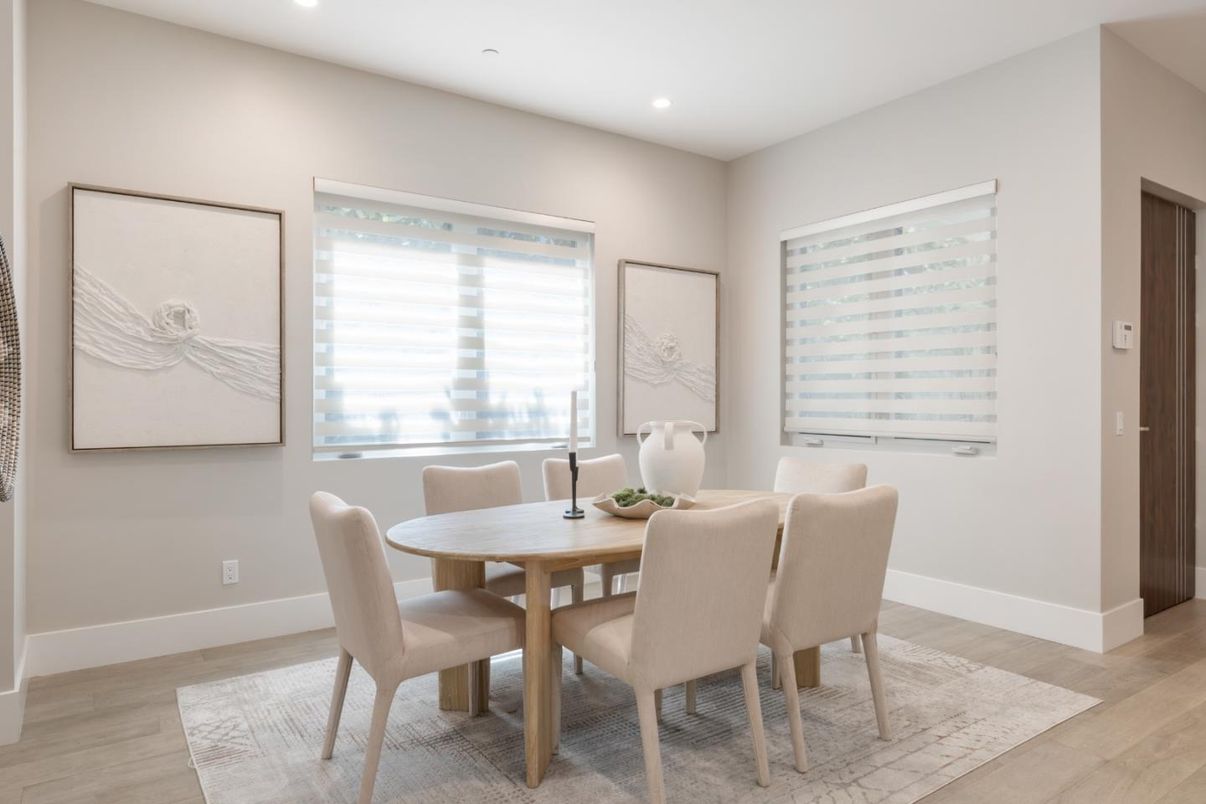 Dining room, Interior, Recessed Lighting, Wood Texture Flooring
