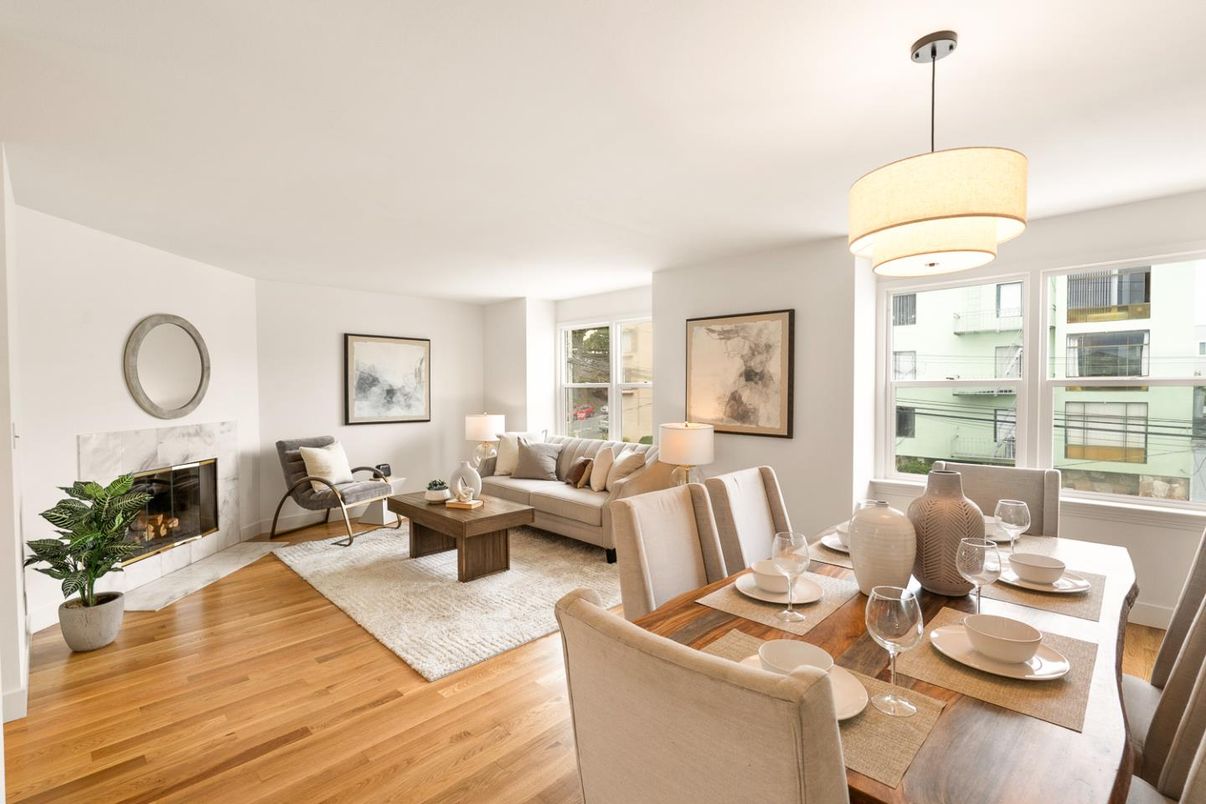 Dining room, Fireplace, Interior, Living room, Pendant Lights, Wood Texture Flooring