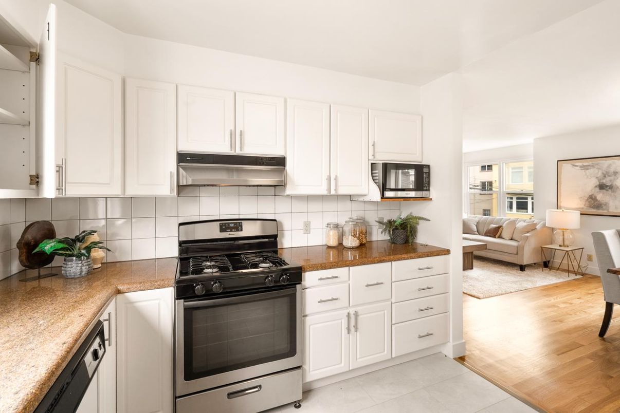 Interior, Kitchen, Living room, Stainless Steel Appliances, Wood Texture Flooring
