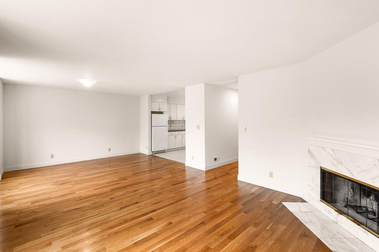 Empty room, Fireplace, Interior, Kitchen, Wood Texture Flooring
