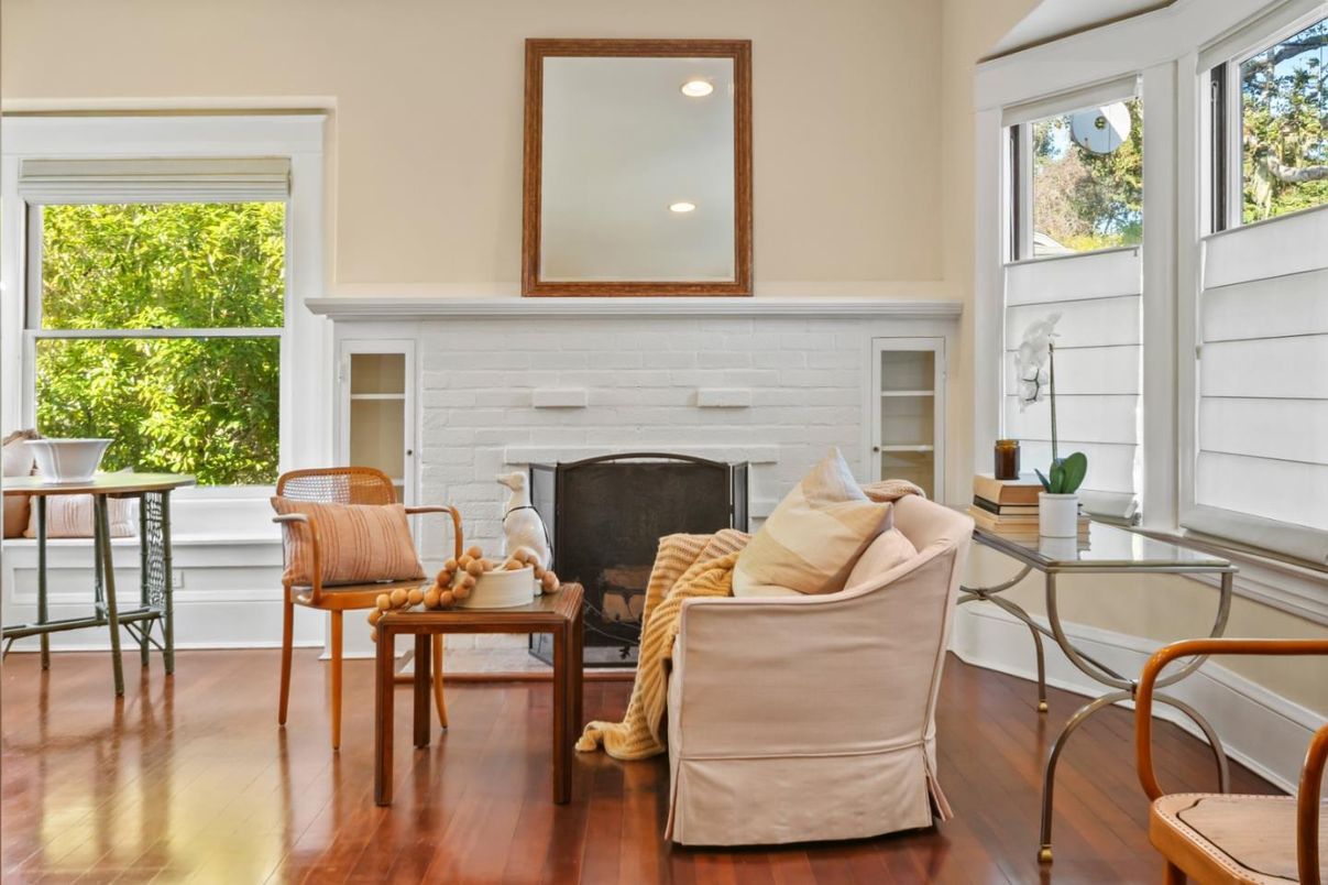 Fireplace, Interior, Living room, Recessed Lighting, Stone Walls, Wood Texture Flooring