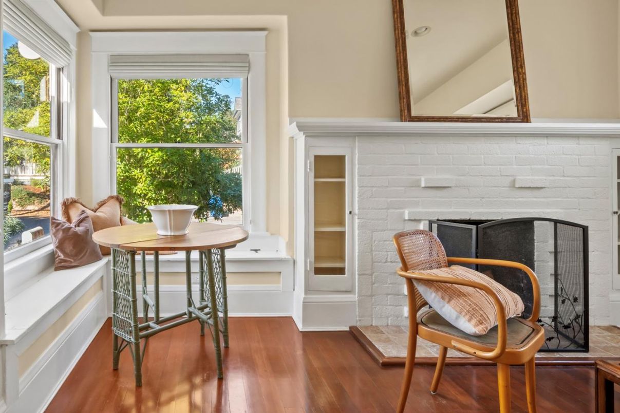 Fireplace, Interior, Recessed Lighting, Stone Walls, Wood Texture Flooring