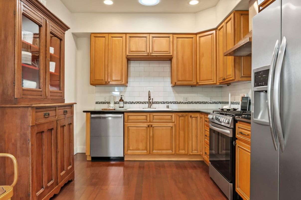 Interior, Kitchen, Recessed Lighting, Stainless Steel Appliances, Wood Texture Flooring