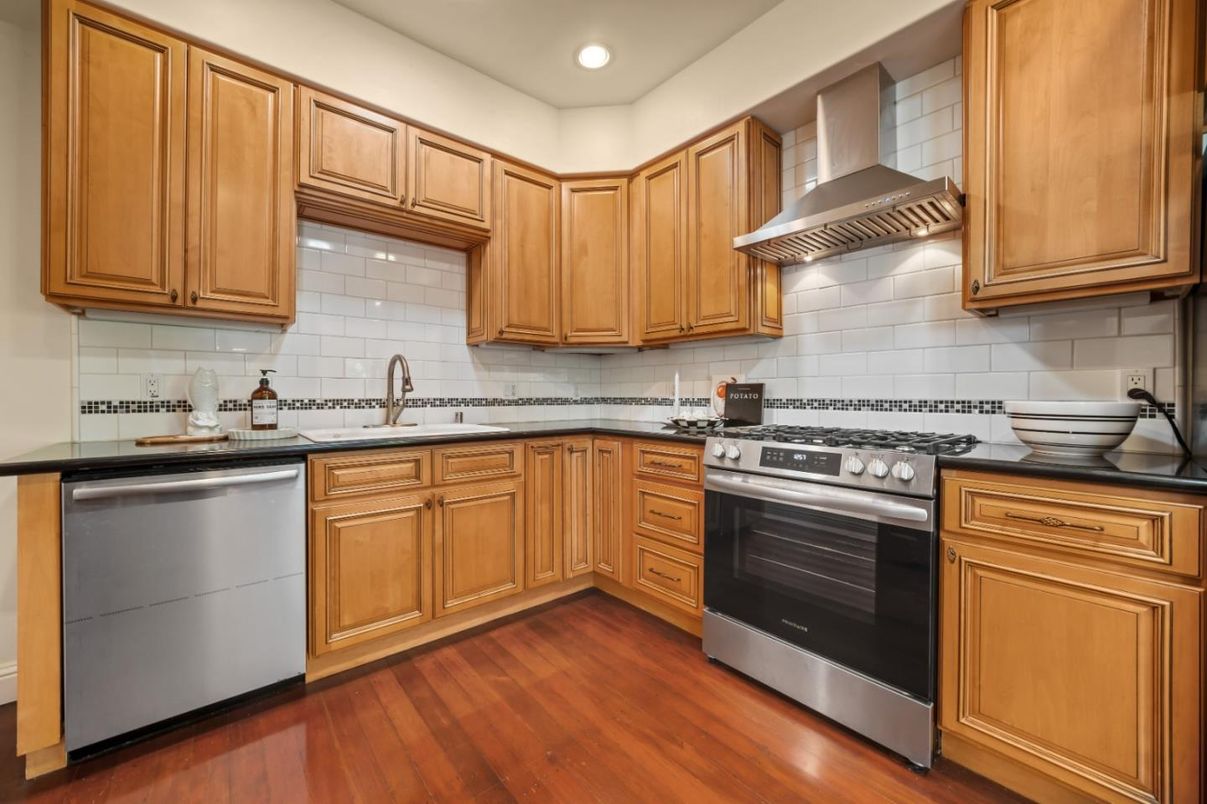 Interior, Kitchen, Recessed Lighting, Stainless Steel Appliances, Wood Texture Flooring